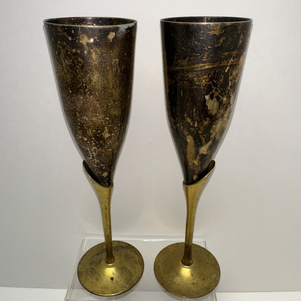Vintage Brass Toasting Champagne Flute Stemmed Goblet Set Of 2 India 9.25"